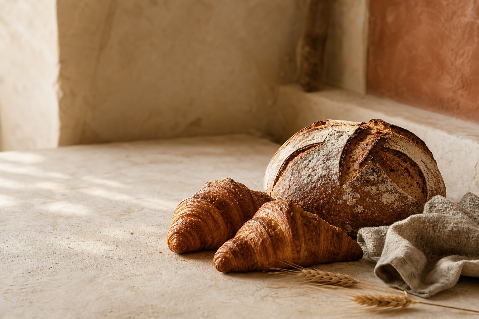 Pain de campagne, croissants et épis de blé sur un plan de travail en pierre